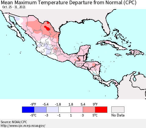 Mexico Central America and the Caribbean Mean Maximum Temperature Departure from Normal (CPC) Thematic Map For 10/25/2021 - 10/31/2021