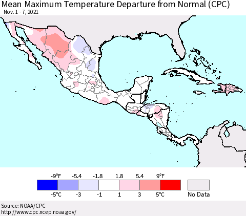 Mexico Central America and the Caribbean Mean Maximum Temperature Departure from Normal (CPC) Thematic Map For 11/1/2021 - 11/7/2021