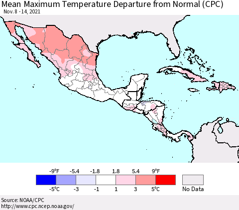 Mexico Central America and the Caribbean Mean Maximum Temperature Departure from Normal (CPC) Thematic Map For 11/8/2021 - 11/14/2021