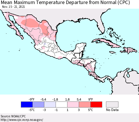Mexico Central America and the Caribbean Mean Maximum Temperature Departure from Normal (CPC) Thematic Map For 11/15/2021 - 11/21/2021