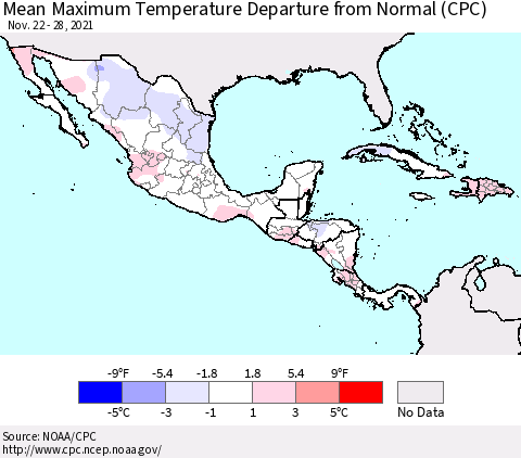 Mexico Central America and the Caribbean Mean Maximum Temperature Departure from Normal (CPC) Thematic Map For 11/22/2021 - 11/28/2021
