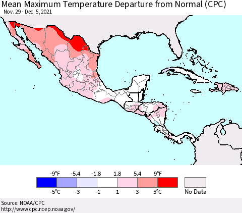 Mexico Central America and the Caribbean Mean Maximum Temperature Departure from Normal (CPC) Thematic Map For 11/29/2021 - 12/5/2021