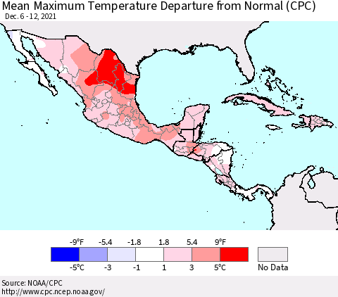 Mexico Central America and the Caribbean Mean Maximum Temperature Departure from Normal (CPC) Thematic Map For 12/6/2021 - 12/12/2021