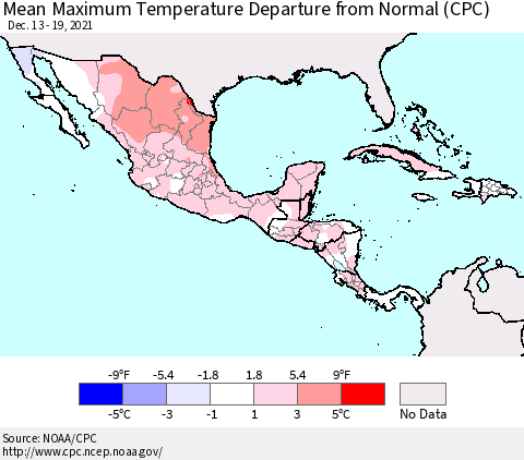 Mexico Central America and the Caribbean Mean Maximum Temperature Departure from Normal (CPC) Thematic Map For 12/13/2021 - 12/19/2021