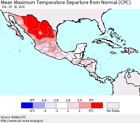 Mexico Central America and the Caribbean Mean Maximum Temperature Departure from Normal (CPC) Thematic Map For 12/20/2021 - 12/26/2021