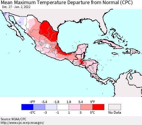 Mexico Central America and the Caribbean Mean Maximum Temperature Departure from Normal (CPC) Thematic Map For 12/27/2021 - 1/2/2022