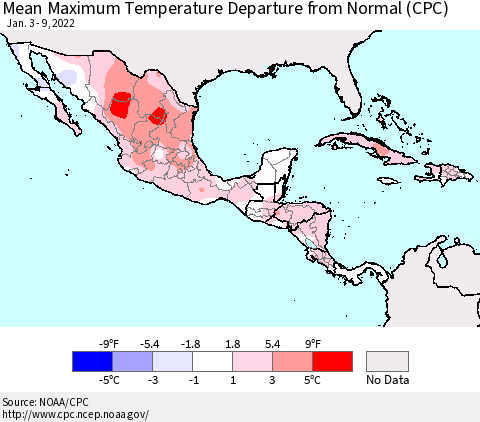 Mexico Central America and the Caribbean Mean Maximum Temperature Departure from Normal (CPC) Thematic Map For 1/3/2022 - 1/9/2022