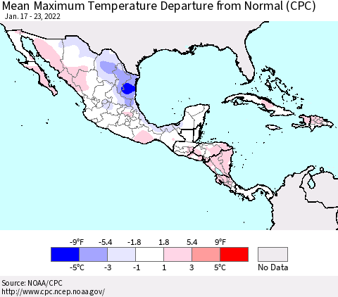 Mexico Central America and the Caribbean Mean Maximum Temperature Departure from Normal (CPC) Thematic Map For 1/17/2022 - 1/23/2022