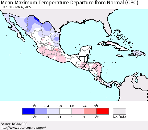 Mexico Central America and the Caribbean Mean Maximum Temperature Departure from Normal (CPC) Thematic Map For 1/31/2022 - 2/6/2022
