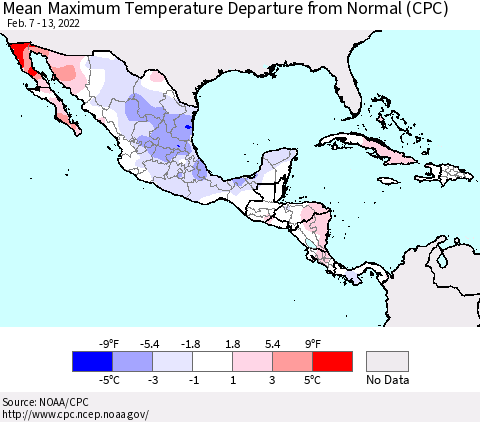 Mexico Central America and the Caribbean Mean Maximum Temperature Departure from Normal (CPC) Thematic Map For 2/7/2022 - 2/13/2022
