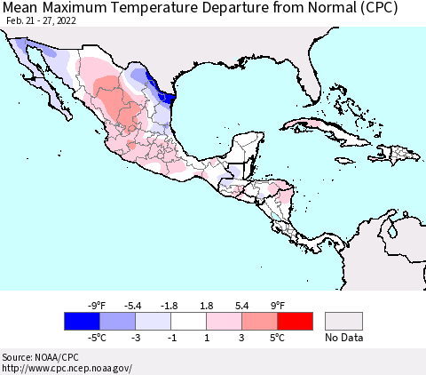 Mexico Central America and the Caribbean Mean Maximum Temperature Departure from Normal (CPC) Thematic Map For 2/21/2022 - 2/27/2022