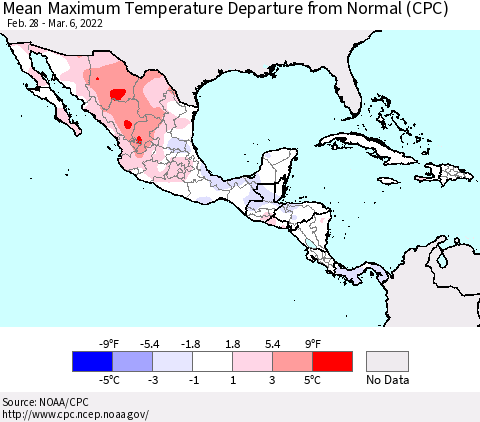 Mexico Central America and the Caribbean Mean Maximum Temperature Departure from Normal (CPC) Thematic Map For 2/28/2022 - 3/6/2022