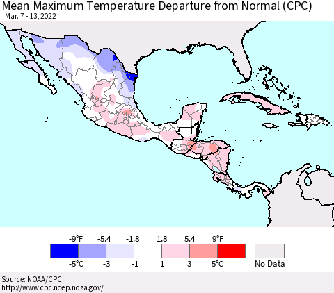 Mexico Central America and the Caribbean Mean Maximum Temperature Departure from Normal (CPC) Thematic Map For 3/7/2022 - 3/13/2022