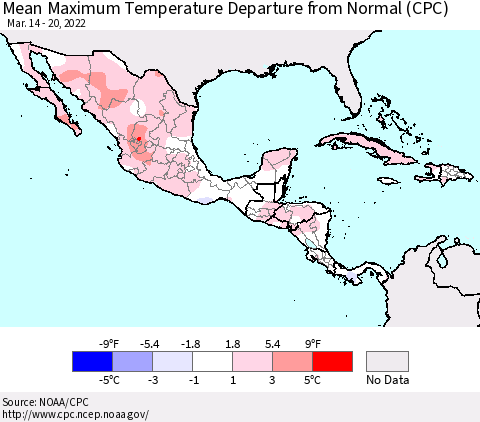 Mexico Central America and the Caribbean Mean Maximum Temperature Departure from Normal (CPC) Thematic Map For 3/14/2022 - 3/20/2022