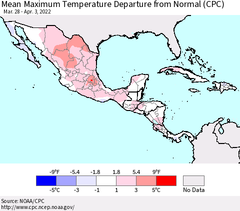 Mexico Central America and the Caribbean Mean Maximum Temperature Departure from Normal (CPC) Thematic Map For 3/28/2022 - 4/3/2022