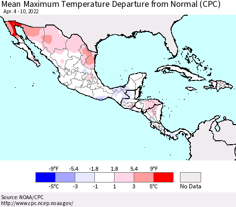 Mexico Central America and the Caribbean Mean Maximum Temperature Departure from Normal (CPC) Thematic Map For 4/4/2022 - 4/10/2022