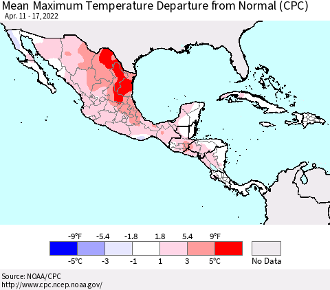 Mexico Central America and the Caribbean Mean Maximum Temperature Departure from Normal (CPC) Thematic Map For 4/11/2022 - 4/17/2022