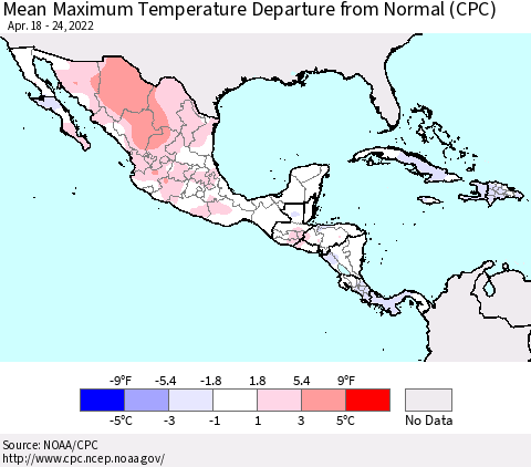 Mexico Central America and the Caribbean Mean Maximum Temperature Departure from Normal (CPC) Thematic Map For 4/18/2022 - 4/24/2022