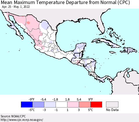 Mexico Central America and the Caribbean Mean Maximum Temperature Departure from Normal (CPC) Thematic Map For 4/25/2022 - 5/1/2022