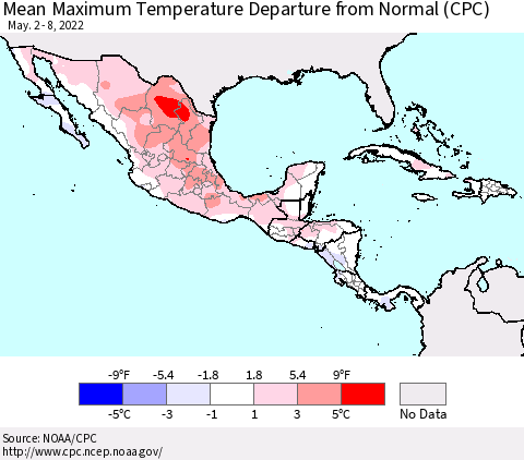 Mexico Central America and the Caribbean Mean Maximum Temperature Departure from Normal (CPC) Thematic Map For 5/2/2022 - 5/8/2022