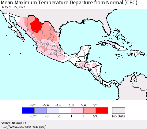 Mexico Central America and the Caribbean Mean Maximum Temperature Departure from Normal (CPC) Thematic Map For 5/9/2022 - 5/15/2022