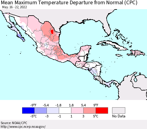 Mexico Central America and the Caribbean Mean Maximum Temperature Departure from Normal (CPC) Thematic Map For 5/16/2022 - 5/22/2022
