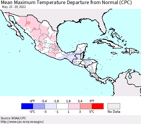 Mexico Central America and the Caribbean Mean Maximum Temperature Departure from Normal (CPC) Thematic Map For 5/23/2022 - 5/29/2022