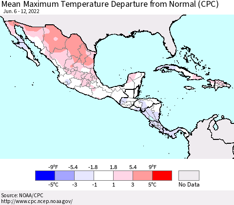Mexico Central America and the Caribbean Mean Maximum Temperature Departure from Normal (CPC) Thematic Map For 6/6/2022 - 6/12/2022