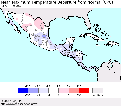 Mexico Central America and the Caribbean Mean Maximum Temperature Departure from Normal (CPC) Thematic Map For 6/13/2022 - 6/19/2022