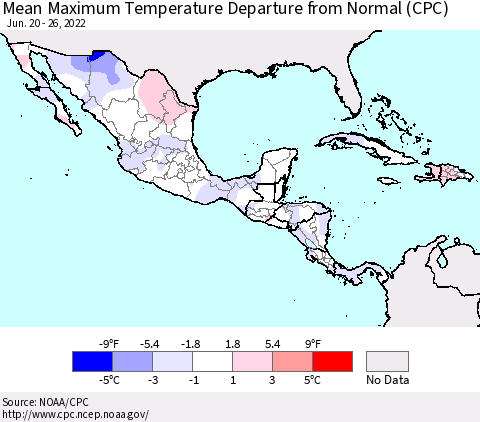 Mexico Central America and the Caribbean Mean Maximum Temperature Departure from Normal (CPC) Thematic Map For 6/20/2022 - 6/26/2022