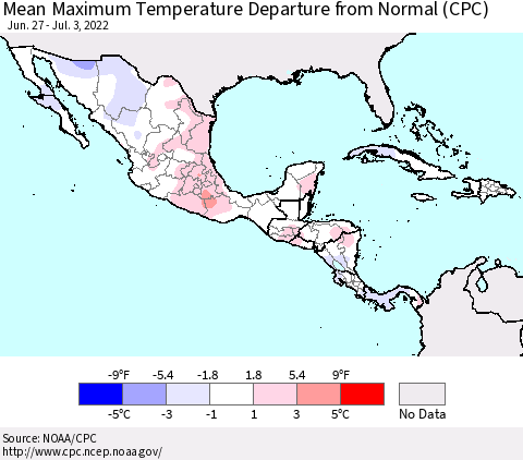 Mexico Central America and the Caribbean Mean Maximum Temperature Departure from Normal (CPC) Thematic Map For 6/27/2022 - 7/3/2022