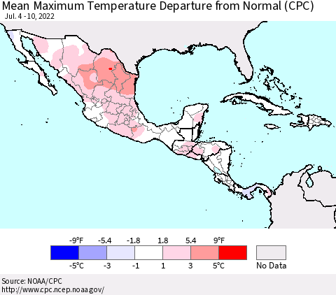 Mexico Central America and the Caribbean Mean Maximum Temperature Departure from Normal (CPC) Thematic Map For 7/4/2022 - 7/10/2022