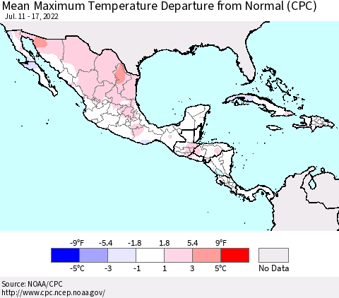 Mexico Central America and the Caribbean Mean Maximum Temperature Departure from Normal (CPC) Thematic Map For 7/11/2022 - 7/17/2022