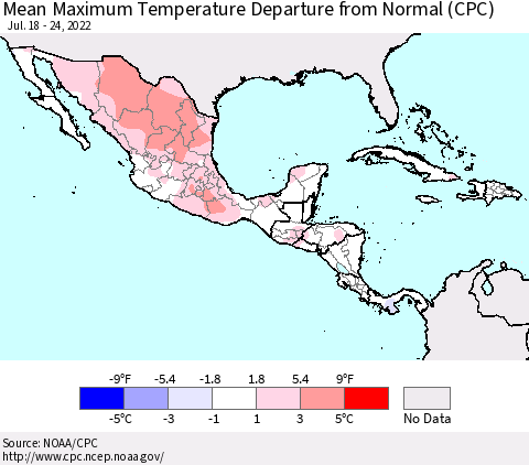 Mexico Central America and the Caribbean Mean Maximum Temperature Departure from Normal (CPC) Thematic Map For 7/18/2022 - 7/24/2022