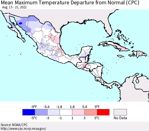 Mexico Central America and the Caribbean Mean Maximum Temperature Departure from Normal (CPC) Thematic Map For 8/15/2022 - 8/21/2022