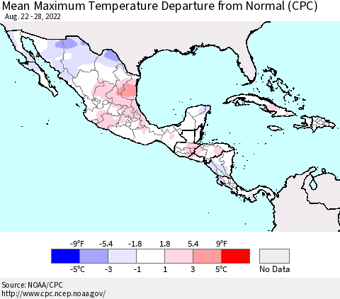 Mexico Central America and the Caribbean Mean Maximum Temperature Departure from Normal (CPC) Thematic Map For 8/22/2022 - 8/28/2022