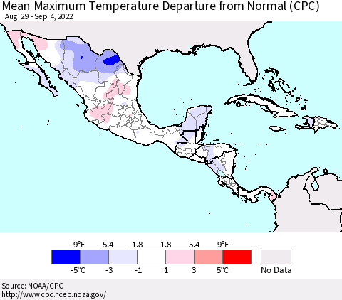 Mexico Central America and the Caribbean Mean Maximum Temperature Departure from Normal (CPC) Thematic Map For 8/29/2022 - 9/4/2022