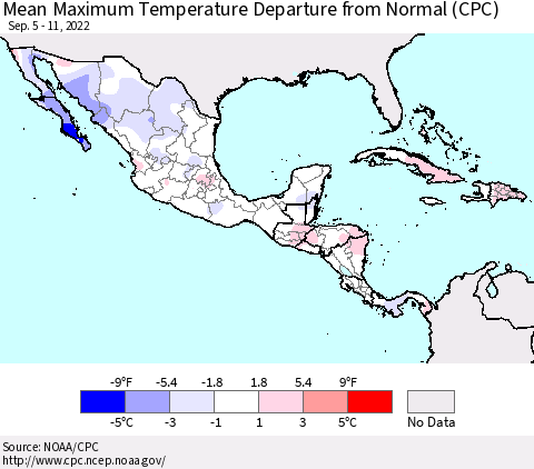 Mexico Central America and the Caribbean Mean Maximum Temperature Departure from Normal (CPC) Thematic Map For 9/5/2022 - 9/11/2022