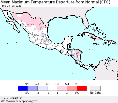 Mexico Central America and the Caribbean Mean Maximum Temperature Departure from Normal (CPC) Thematic Map For 9/19/2022 - 9/25/2022