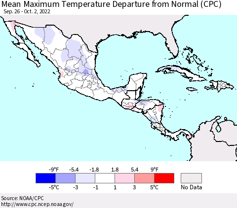 Mexico Central America and the Caribbean Mean Maximum Temperature Departure from Normal (CPC) Thematic Map For 9/26/2022 - 10/2/2022