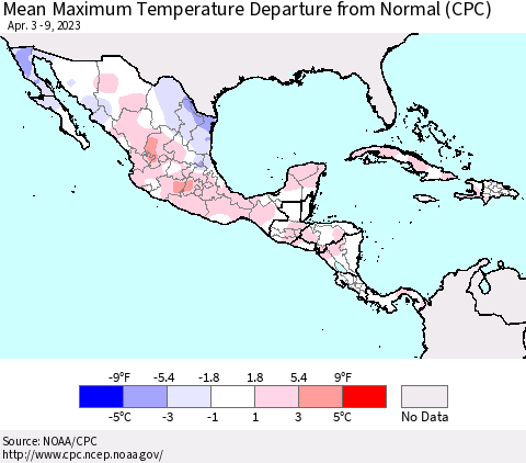 Mexico Central America and the Caribbean Mean Maximum Temperature Departure from Normal (CPC) Thematic Map For 4/3/2023 - 4/9/2023