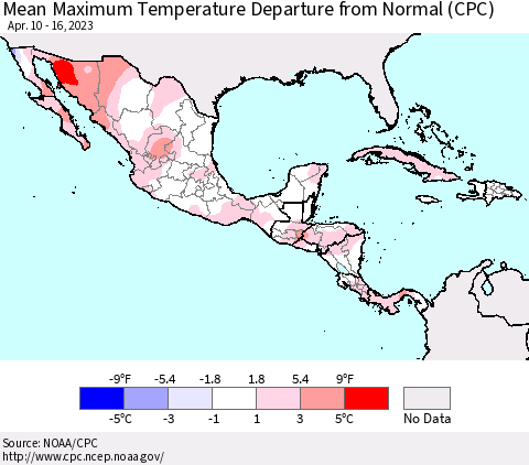 Mexico Central America and the Caribbean Mean Maximum Temperature Departure from Normal (CPC) Thematic Map For 4/10/2023 - 4/16/2023
