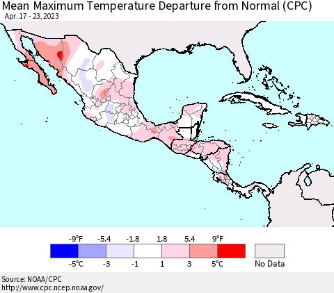 Mexico Central America and the Caribbean Mean Maximum Temperature Departure from Normal (CPC) Thematic Map For 4/17/2023 - 4/23/2023