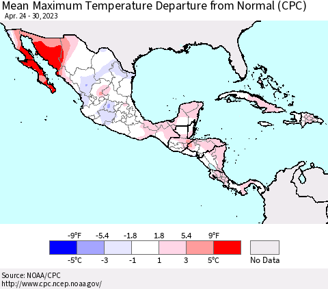 Mexico Central America and the Caribbean Mean Maximum Temperature Departure from Normal (CPC) Thematic Map For 4/24/2023 - 4/30/2023