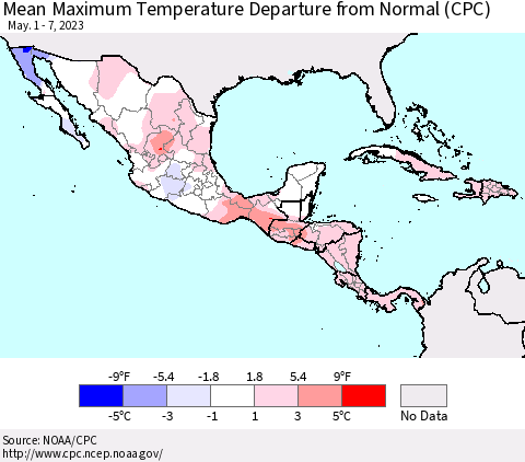 Mexico Central America and the Caribbean Mean Maximum Temperature Departure from Normal (CPC) Thematic Map For 5/1/2023 - 5/7/2023