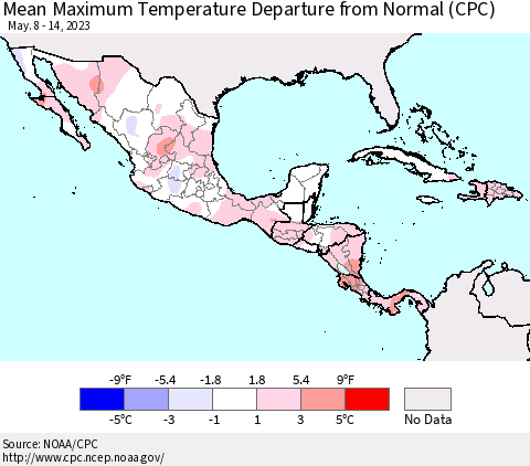Mexico Central America and the Caribbean Mean Maximum Temperature Departure from Normal (CPC) Thematic Map For 5/8/2023 - 5/14/2023