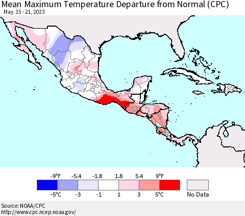 Mexico Central America and the Caribbean Mean Maximum Temperature Departure from Normal (CPC) Thematic Map For 5/15/2023 - 5/21/2023