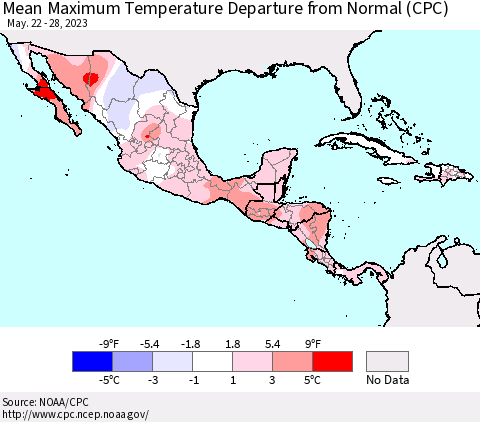 Mexico Central America and the Caribbean Mean Maximum Temperature Departure from Normal (CPC) Thematic Map For 5/22/2023 - 5/28/2023