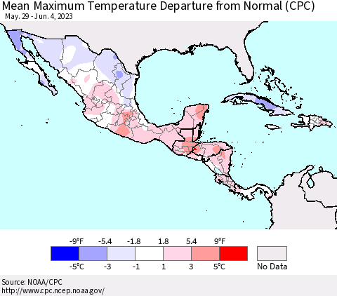 Mexico Central America and the Caribbean Mean Maximum Temperature Departure from Normal (CPC) Thematic Map For 5/29/2023 - 6/4/2023