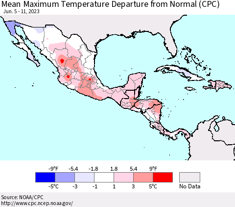 Mexico Central America and the Caribbean Mean Maximum Temperature Departure from Normal (CPC) Thematic Map For 6/5/2023 - 6/11/2023